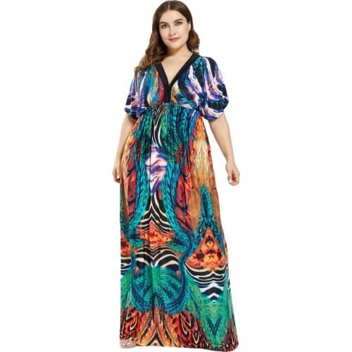 5XL 6XL 7XL Plus Size Summer Beach Dress Women V Neck Short Sleeve Floral Print Boho Dresses Sexy Maxi Long Dress Maxi Sundress