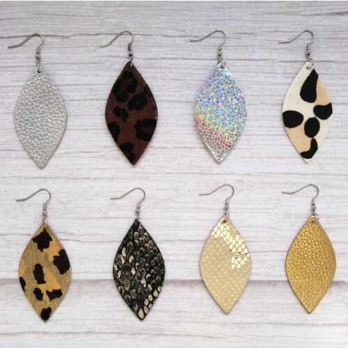 ZWPON Gold Marquise Genuine Leather Earrings 2019 Fashion Sequins Leather Leaf Feather Earrings Jewelry Wholesale