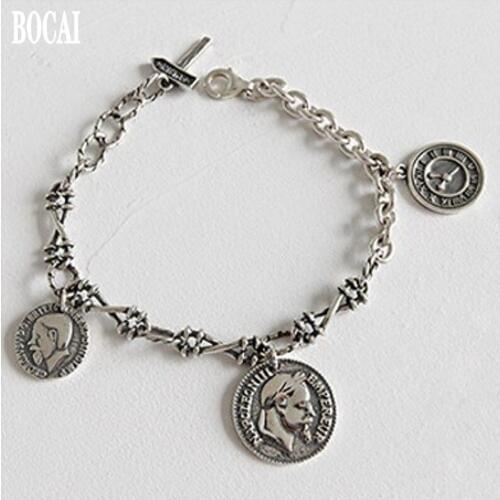 2019 new 100% ture S925 pure silver Fashion jewelry Napoleon avatar coin tag chain bracelet for female womans silver bracelet