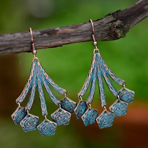 2019 Vintage Big Sector Verdigris Drop Earrings Pentagram Shape For Women Bohemian Indian Earrings Orecchini Etnici HQE540