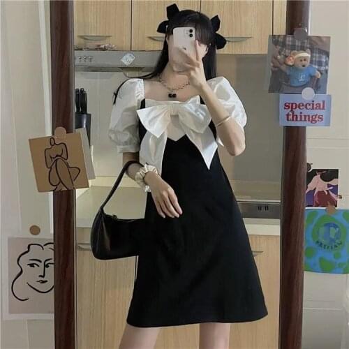 2021 French Retro Fashion Elegant Bow Cute Sweet Women Dress Summer A-Line style kawaii Slim Party for Female Dresses