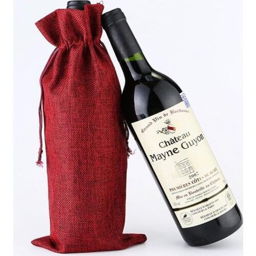 50pcs/lot Top Selling Custom Colorful Eco Friendly Linen Wine Drawstring Bottle Cover bags