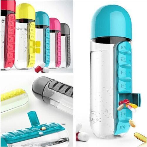 600ML Water Bottle Travel Pill Organizer Drinking Bottles Cups Medicine Container Cylindrical Transparent gym Portable Drink