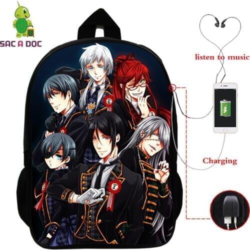 Anime Backpack USB Charge School Bags for Teenagers Boys Girls Black Butler Print Cosplay Backpack Laptop Backpack Travel Bags