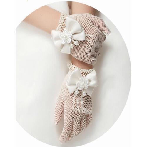 White Lace Faux Pearl Fishnet Gloves Communion Flower For 4-15 Years Girls Kids Bride Party Ceremony Accessories