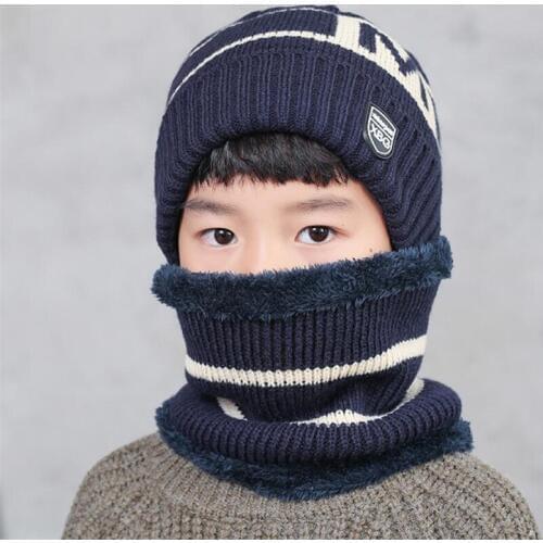Child Winter Knitted Hat Scarf Boy Girls Outdoor Warm Plush Beanies Hat 2 Piece Sets Kids New Letter Cap And Stripe Scarves