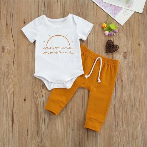 Baby Girls Clothes Cartoon Sunrise Print Short Sleeve Romper Pants 2pcs Cotton outfits Infant Toddler Girl Boy Clothes