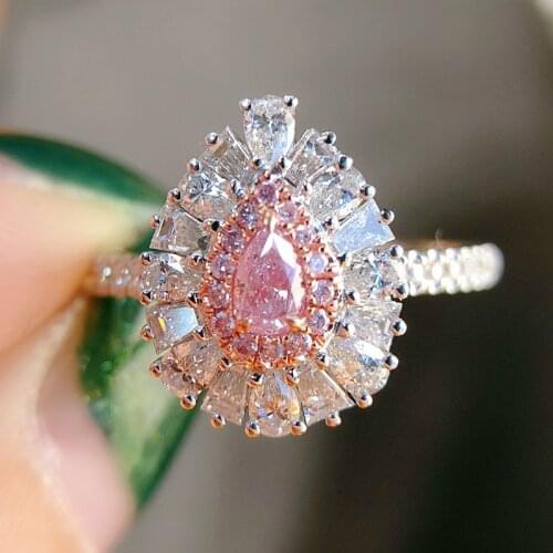 Elegant Pink Crystal Wedding Ring Women Genuine 925 Sterling Silver Water Drop Zircon Stone Promise Ring Engagement Jewelry