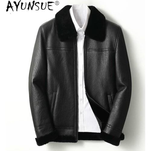 AYUNSUE Real Sheepskin Leather Jacket Mens Genuine Sheep Shearling Coat Winter Jackets for Men Short Clothes Chaqueta LXR785