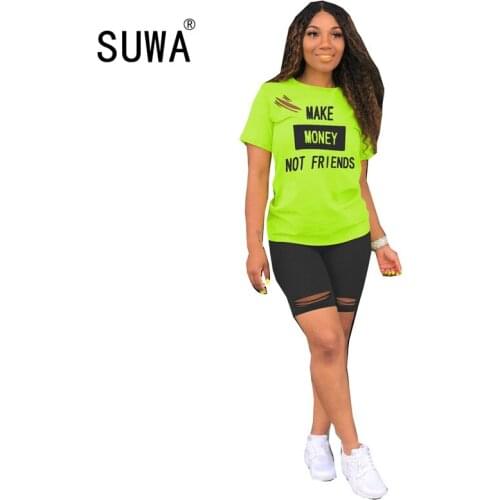 Summer street festival clothing tracksuit women set letter print t-shirt top + hole classic jogger shorts casual 2 pieces