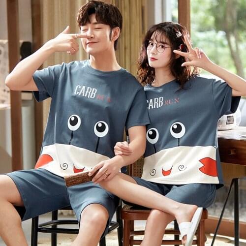 Summer Soft Cotton Couple Sleepwear Kawaii Little Crab Print Cartoon Women Pajamas Set Casual Loose Couple Short Sleeve Homewear