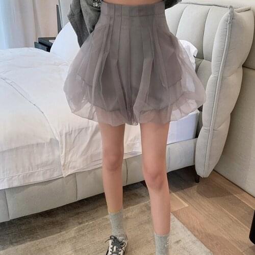 Sweet High Waist Organza Bloomers Shorts Women Fashion Collect Waist Stitching Mesh A-line Pantskirt Pantalones Cortos De Mujer