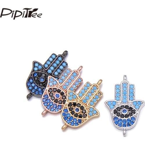 Pipitree Fashion Blue & Black CZ Zircon Hamsa Hand Charms Bracelet Connector DIY Jewelry Accessories Evil Eye Charms Beads
