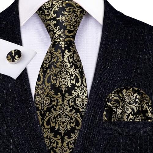 Fashion Gold Luxury Floral 100% Silk Tie Gifts For Men Gifts Suit Wedding Tie Barry.Wang NeckTies Hanky Sets Business LN-5335