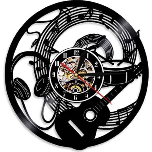 Music Notes Wave Headphone Wall Clock Rock Musical Instrument Guitar Vinyl Record Wall Clock Hanging Decor For Guitarist Gift