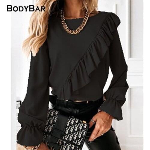 Pure Black Trumpet Sleeve Spring Top Ladies Casual Round Neck Shirt Lace Design Bottoming Blousa Autumn Loose Shirts Women Tees