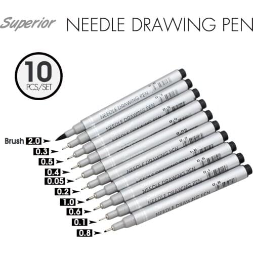 Superior 10Pcs Artist Marker Black Sketch Pigment Fine Liner Pen Set Design Brush Felt-Tip Pen Art Supplies