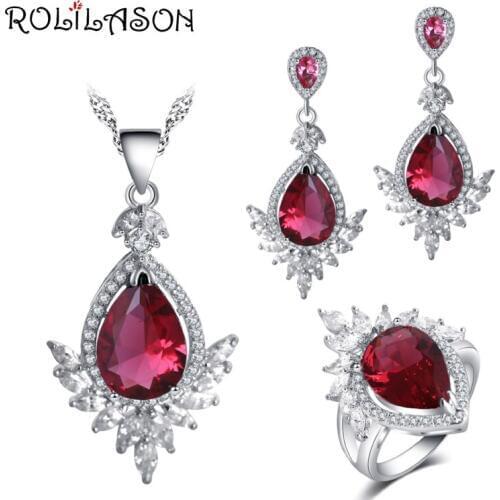 ROLILASON Engagement gift For girlfriend Red Cubic Zirconia silver plated Stamped Earrings Necklace Rings Jewelry Sets JS767