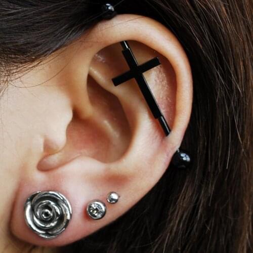 1PC Surgical Steel Cross Industrial Barbell Earring Zircon lightning Ear Ring Piercing 14G Helix Piercing Cartilage Body Jewelry
