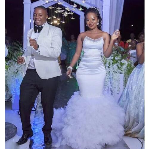 Champagne Ruffles Tiere Mermaid Wedding Dresses Off Shoulder Bead Bridal Gown Sequin Tulle Skirt Robe De Mariee