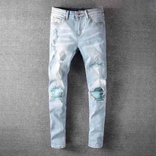 Street Fashion Patchwork Holes Jeans Men Blue plus size 2021 Designer Jeans Pants Slim Fit Dance Casual Distressed Denim Jeans