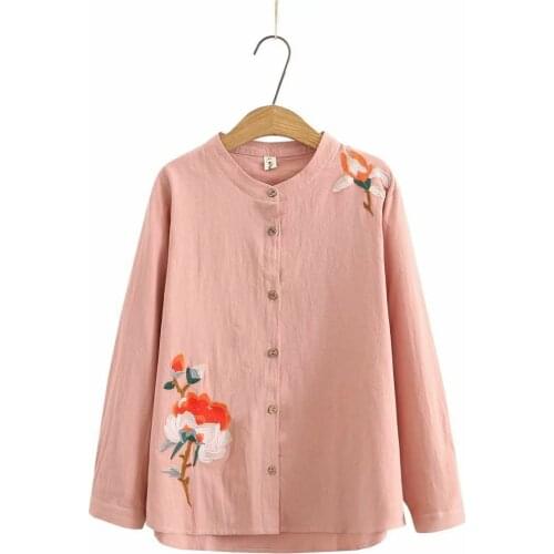 Plus size Pure Cotton embroidery stand collar women shirts 2021 new spring autumn casual ladies soft blouse female tops