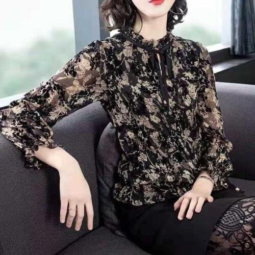 Spring Autumn Style Women Fashionable Stand-Up Collar Chiffon Blouses Shirts Long Sleeve Floral Retro Tops BlusasMM0149