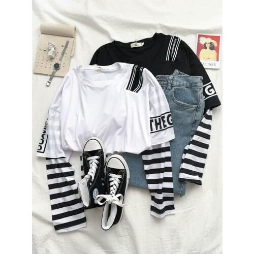 Fake Two-Piece Long Sleeve T-shirts Women Loose O-Neck Striped Tees Korean Fashion Letter Print All-Match Student Tops
