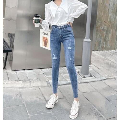 Women Fashion Casual Slinky Jeans Long Pants Beaded Pocket Design Women Trousers RippedDesign Denim Pants Fashion Casual Jeans