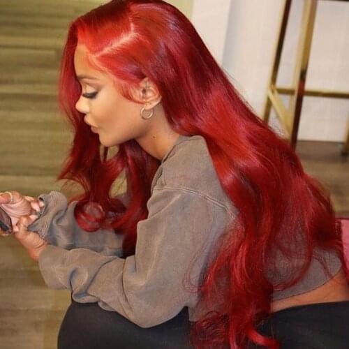 Red Long Free Part Body Wave Lace Frontal Wig Synthetic Hair With Baby Hair Pre Plucked Glueless High Temperature For Women