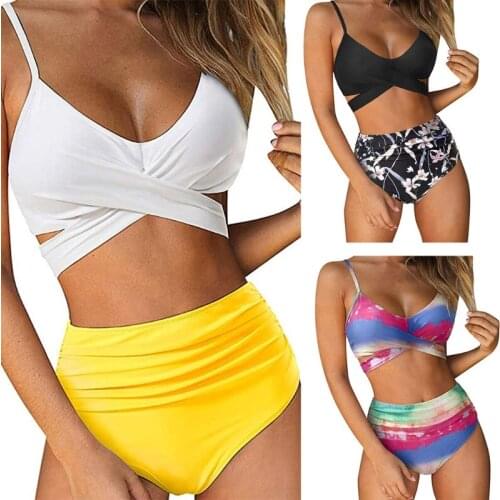 Womens Sexy 2 Pieces Bikini Set Ruched Criss Cross Wrap Tie Back Swimsuit High Waist Tummy Control Gradient Colorful Suit