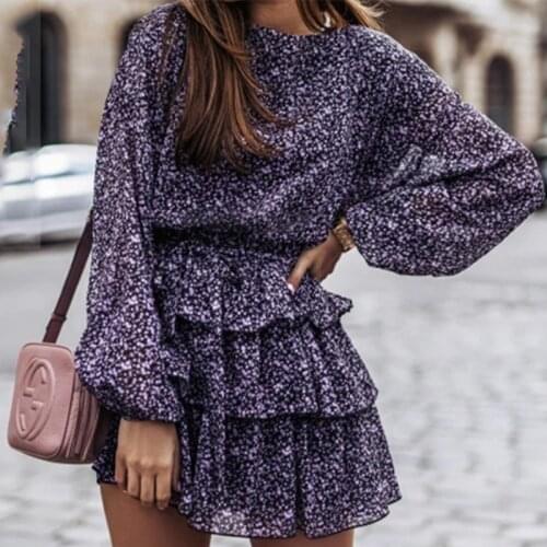 Floral Womens Dress With Lantern Sleeves Elegant Casual Dress With Ruffles Office Dress Mini Black Purple Dress Party Dress