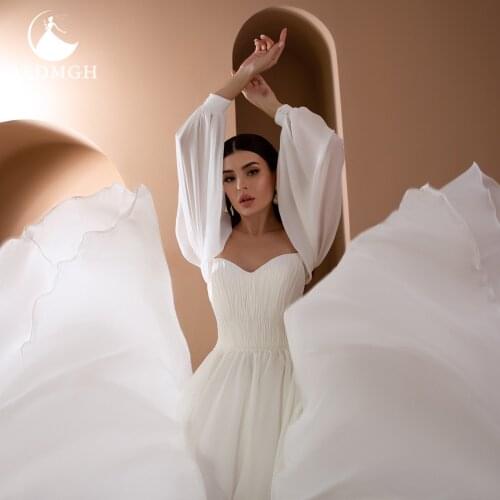 Aedmgh Boho Wedding Dresses 2021 Scalloped Strapless Long Sleeve Vestido De Novia Organza Backless Simple Robe De Mariee