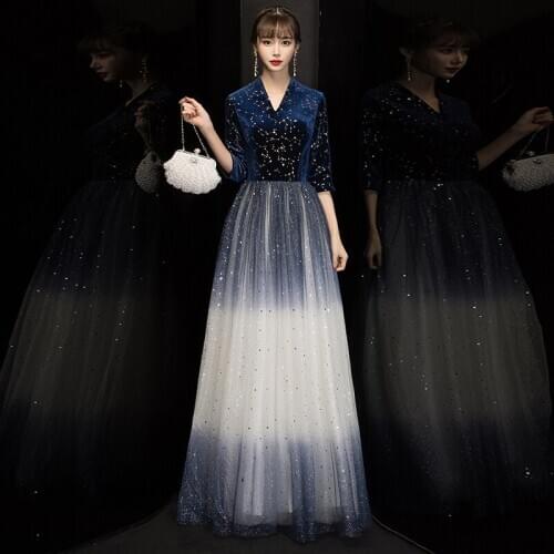 Evening Gowns 2020 V-Neck Half Sleeve Women Zipper Vestidos De Longo Navy Blue Sequins A Line Velour Formal Party Dresses