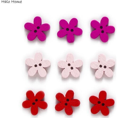 100pcs Red Series Flower Wood buttons for Sewing Scrapbook Clothing Crafts Handmade Accessories Jacket Card Decoration 15mm