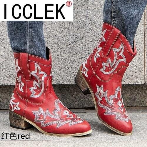 2020 Classic Embroidered Western Cowboy Boots for Women Leather Cowgirl Boots Low Heels Shoes Knee High Woman Boots
