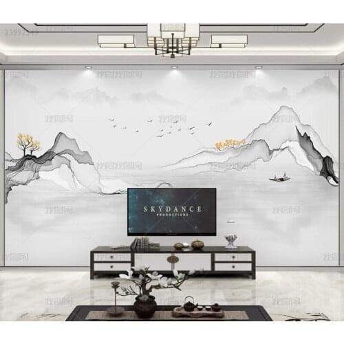 3D new Chinese modern simple living room sofa TV ink landscape painting background wall mural landscape painting mural wallpaper