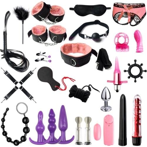 BDSM Bed Bondage Kits Restraint Set Handcuffs Collar Gag Anal Plug Beads Spanking Erotic Sex Toys For Women Couples Adult Games