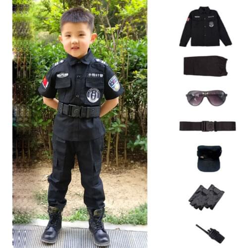 SWAT Children Halloween Policeman Cosplay Costumes Kids Carnival Police Uniform 110-160cm Boys Army Policemen Soldier 7 Pcs/Sets