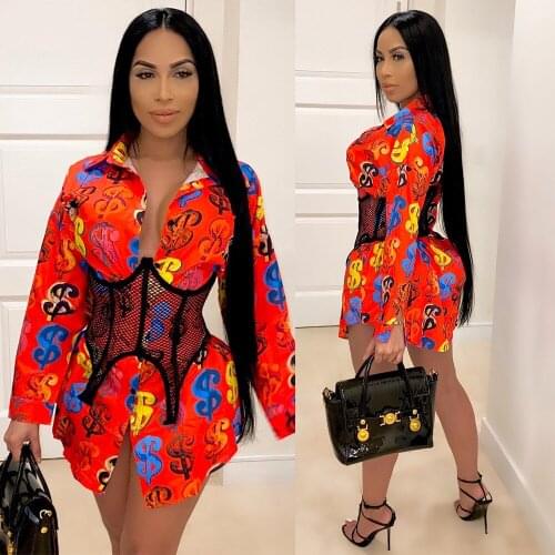 Dollar $ Print Long Sleeve Shirt Dress Women Fall Clothes Turn-down Collar Button Mini Casual Dress Streetwear Loose Party Dress