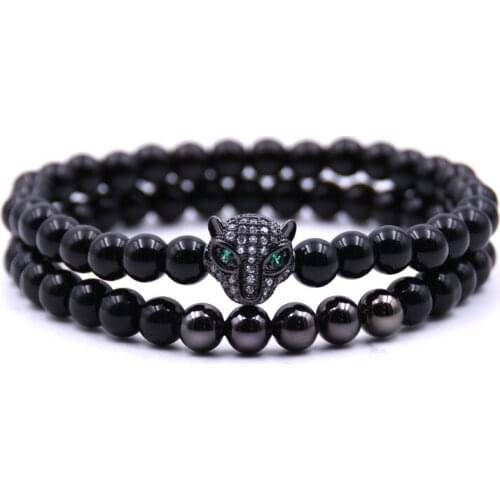 HYHONEY 2pcs/set Brand Trendy Leopard head Charm Bracelets Men Stone Matte 6mm Beads For Women Men Jewelry