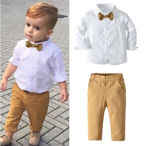 Little Boy’s 2piece Gentleman Suit Children Costume Solid White Button Long Sleeve Bow Shirt Long Elastic Waist Trousers Clothes
