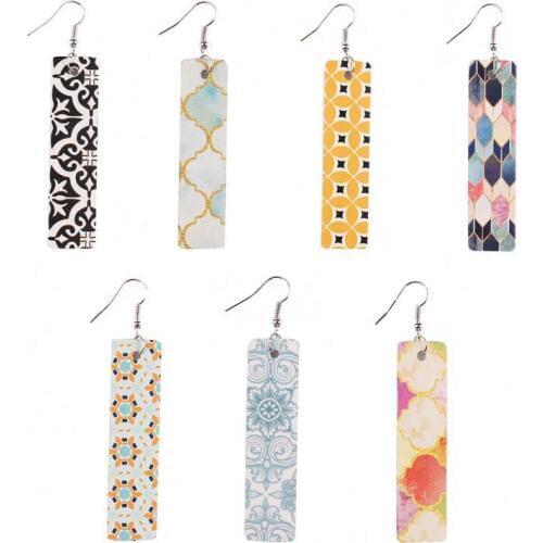 Moroccan Fashion Square Pattern Vertical Vegan Leather Bar Drop Earrings Baroque Paisley Printed PU Leather Drop Earrings