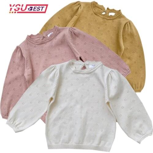 Fashion Girls Casual Knitting Pullover Tops Hollow Kids Sweaters Autumn Baby Girls Solid Color Bishop Sleeve Knitting Clothes
