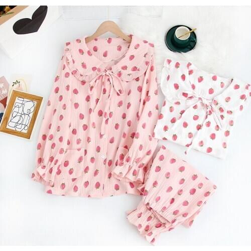 Japanese 2020 new ladies pajamas set spring and autumn pure cotton gauze summer long-sleeved pants cute Korean home service suit