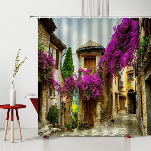 Retro Street View Shower Curtain European Country Architecture Purple Flowers Scenery Washable Fabric Bathroom Decor Curtains