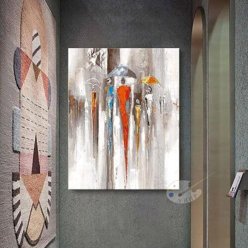Handmade African Style Oil Painting Abstract Pedestrian With An Umbrella Family Wall Decorative Artwork