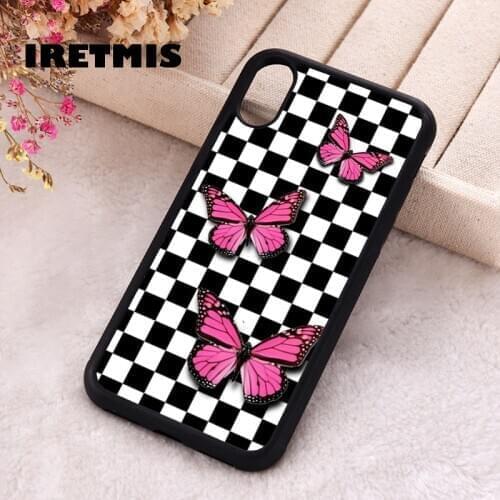 Iretmis 5 5S SE phone cover cases for iphone 6 6S 7 8 Plus X Xs Max XR 11 12 MINI Pro Silicone Pink butterflies on Checkered