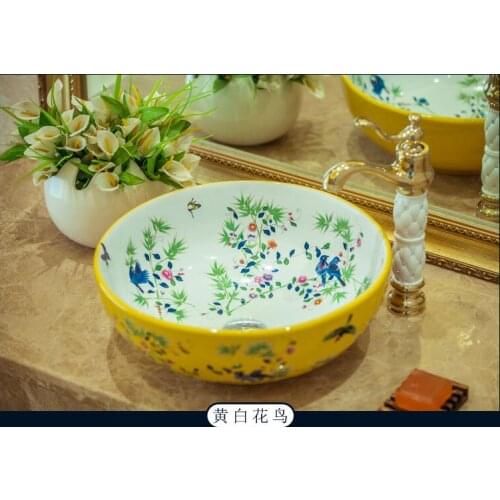 Yellow Porcelain China Classic Painting Art Birds&Flowers White Countertop Ceramic Bathroom Sink ceramic washing basin round