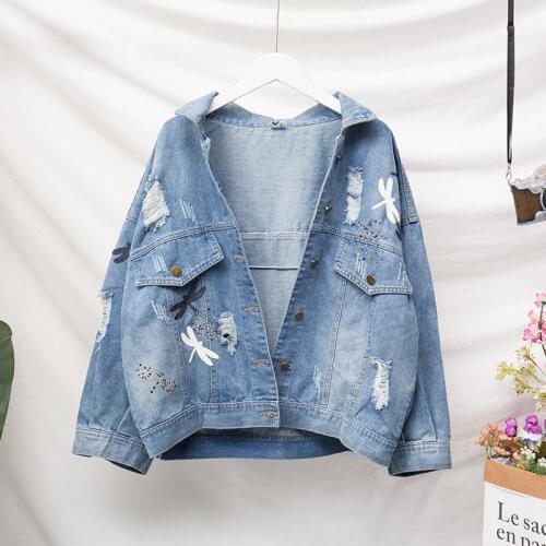 2021 Spring Autumn Vintage Printed Butterfly Denim Jacket Coat Plus Size Korean Loose Jeans Jackets Casual Womens Outwear Tops